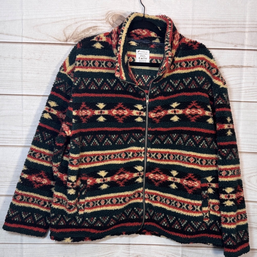 Fornia Sherpa Fleece Jacket Womens XL Multicolor Southwestern Tribal Full Zip
